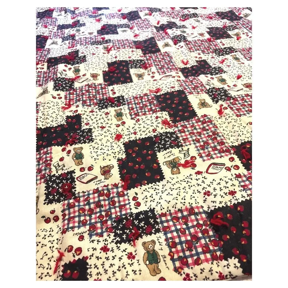 Vintage Patchwork Design Teddy Bear & Apples Quilt Reversible Cottage Core Decor